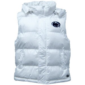 women's white puffer vest with hood and Penn State Athletic Logo on left chest